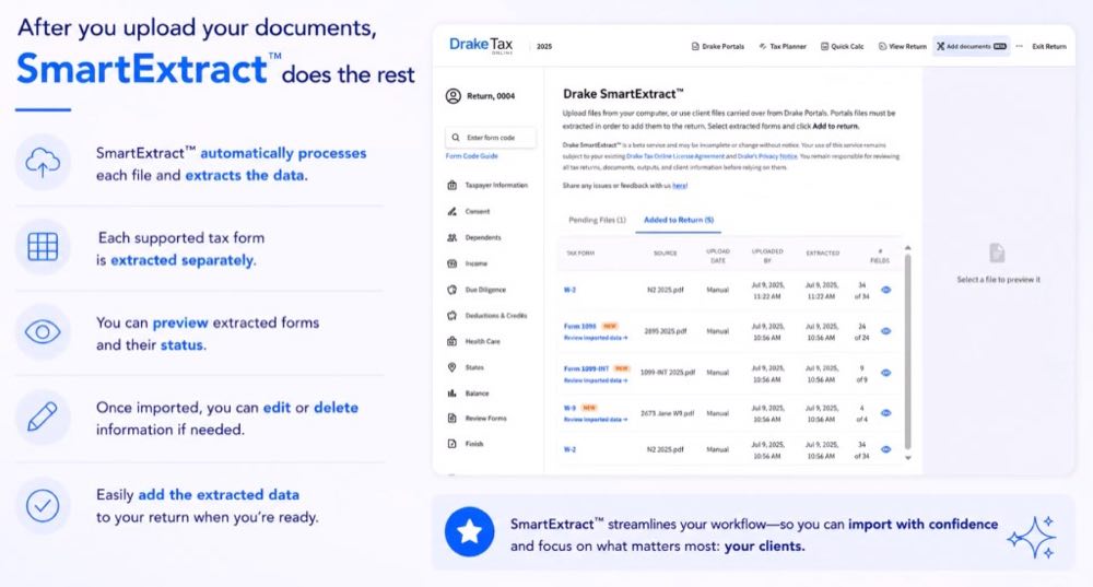 Drake SmartExtract automatically processes uploaded documents and extracts data into the return
