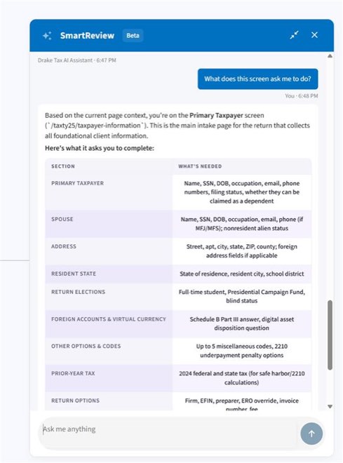 Drake SmartReview AI assistant reviewing a return in Drake Tax Online