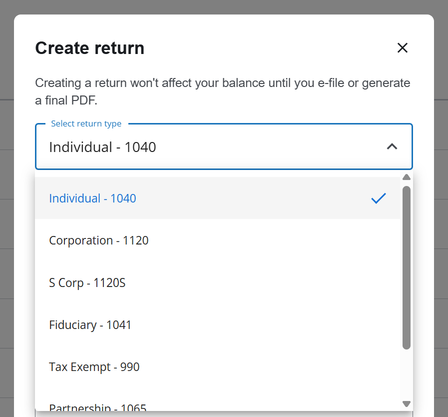 Drake Tax Online Create Return showing all business return types