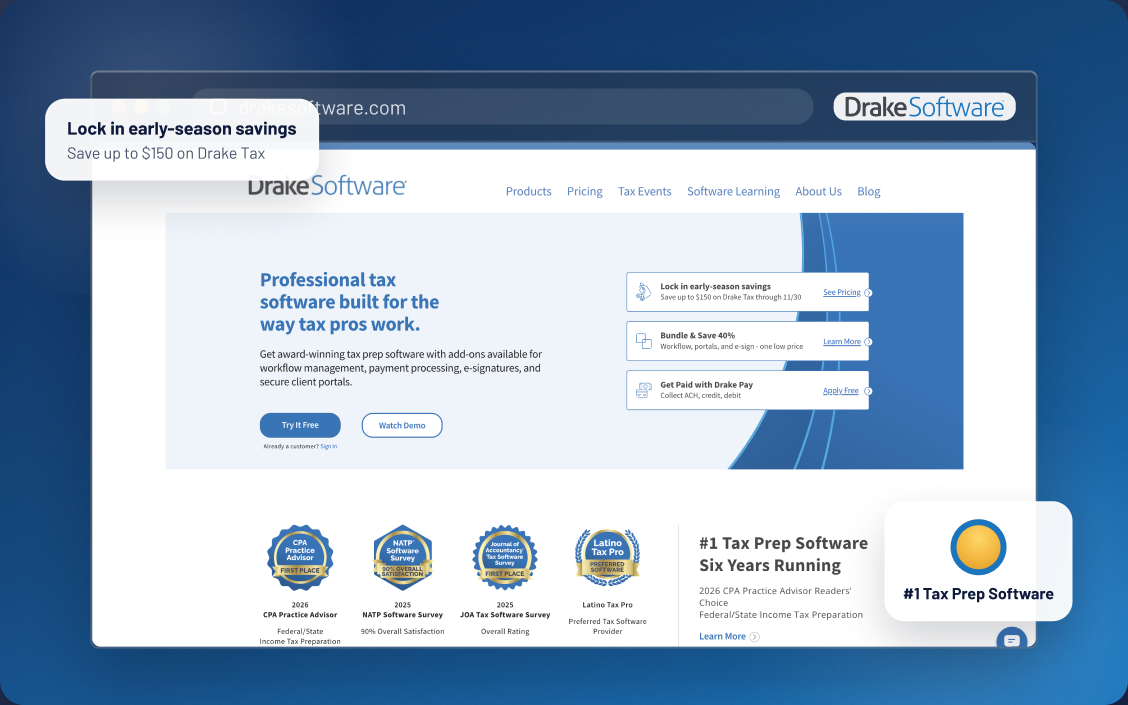 DrakeSoftware.com homepage in a browser window with early-season savings and #1 Tax Prep Software callouts