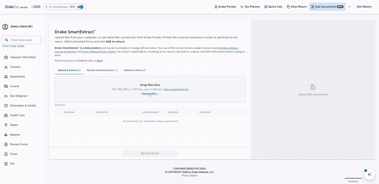 SmartExtract Review panel in Drake Tax Online showing extracted values beside the source document, with the matching field highlighted
