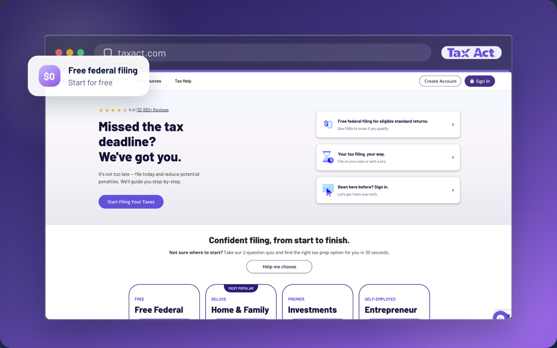 TaxAct.com homepage in a browser window with a Free federal filing callout
